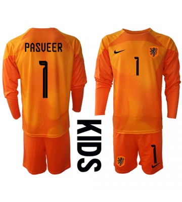 Maillot de foot Pays-Bas Remko Pasveer #1 Gardien de but Extérieur enfant Monde 2022 Manche Longue (+ pantalon court)